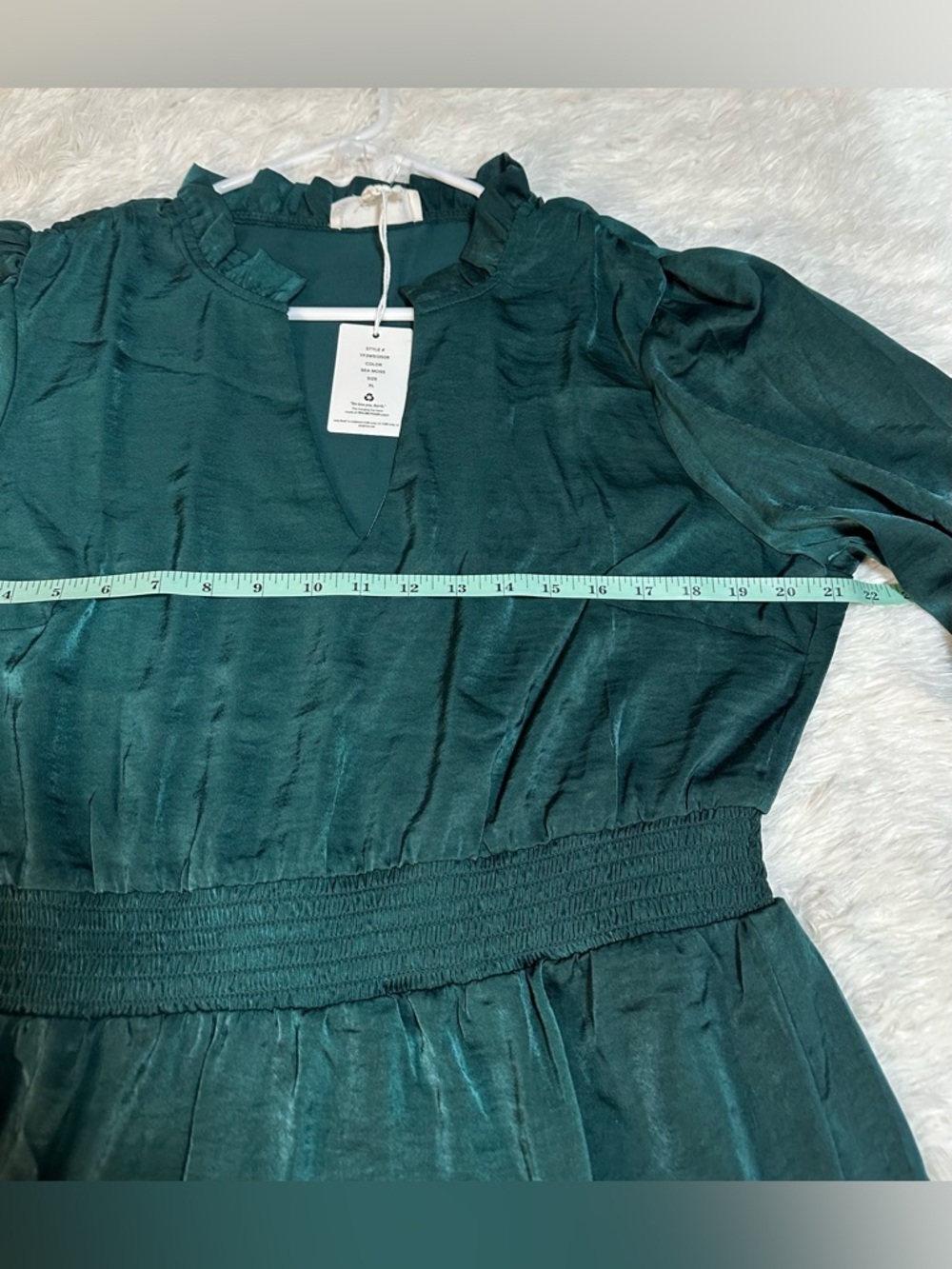 Lucky Brand Emerald Long-Sleeve V-Neck Smocked Mini Dress Ruffle XL Elegant - Picture 8 of 11